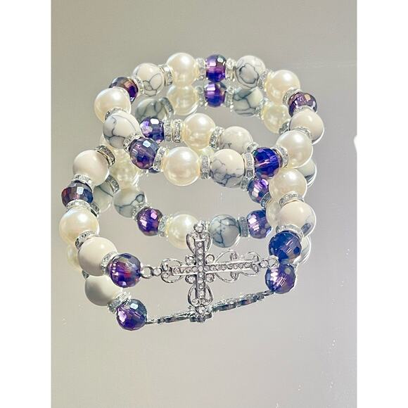 Crystal Cross Pearl Howlite Crystal Bracelet Set - Picture 8 of 12
